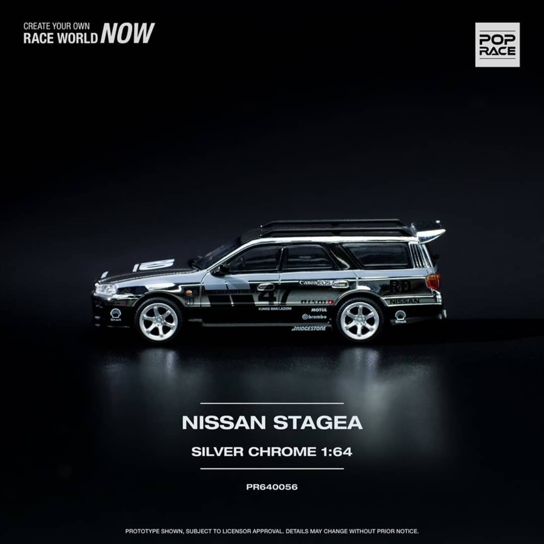 Pop Race 1/64 Stagea WC34 260RS Chrome Silver 丨Open-Hood, Visible Engine