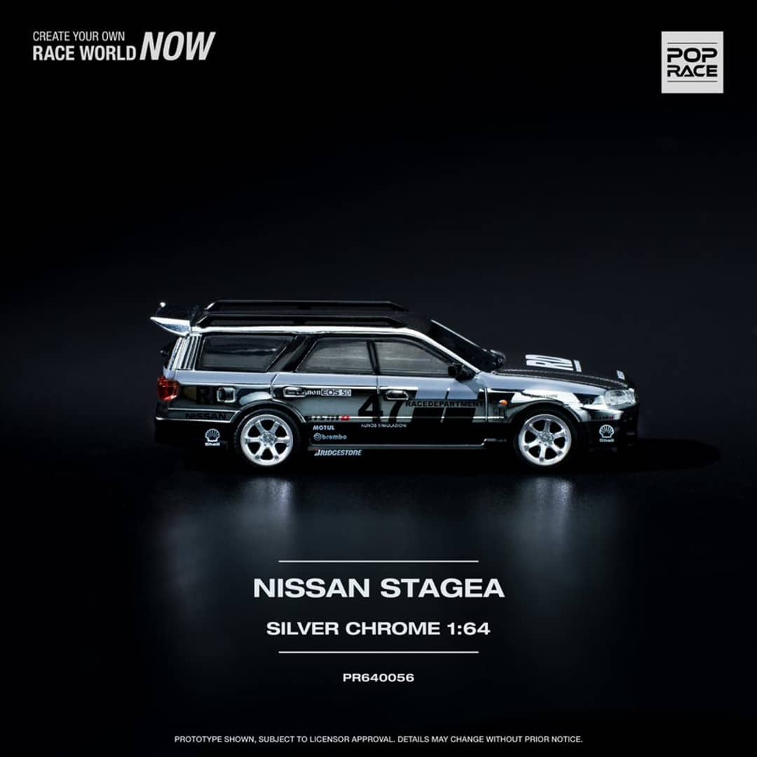 Pop Race 1/64 Stagea WC34 260RS Chrome Silver 丨Open-Hood, Visible Engine