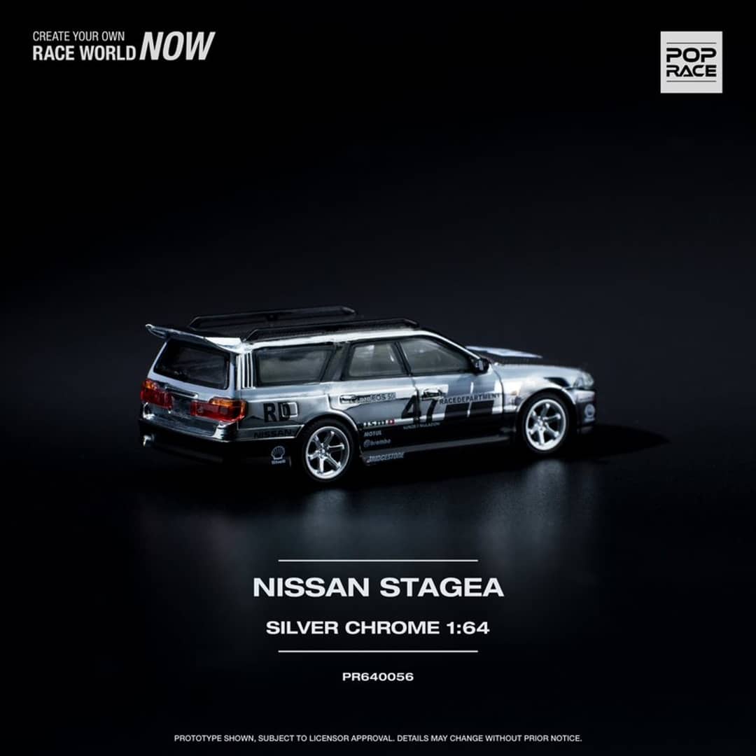 Pop Race 1/64 Stagea WC34 260RS Chrome Silver 丨Open-Hood, Visible Engine
