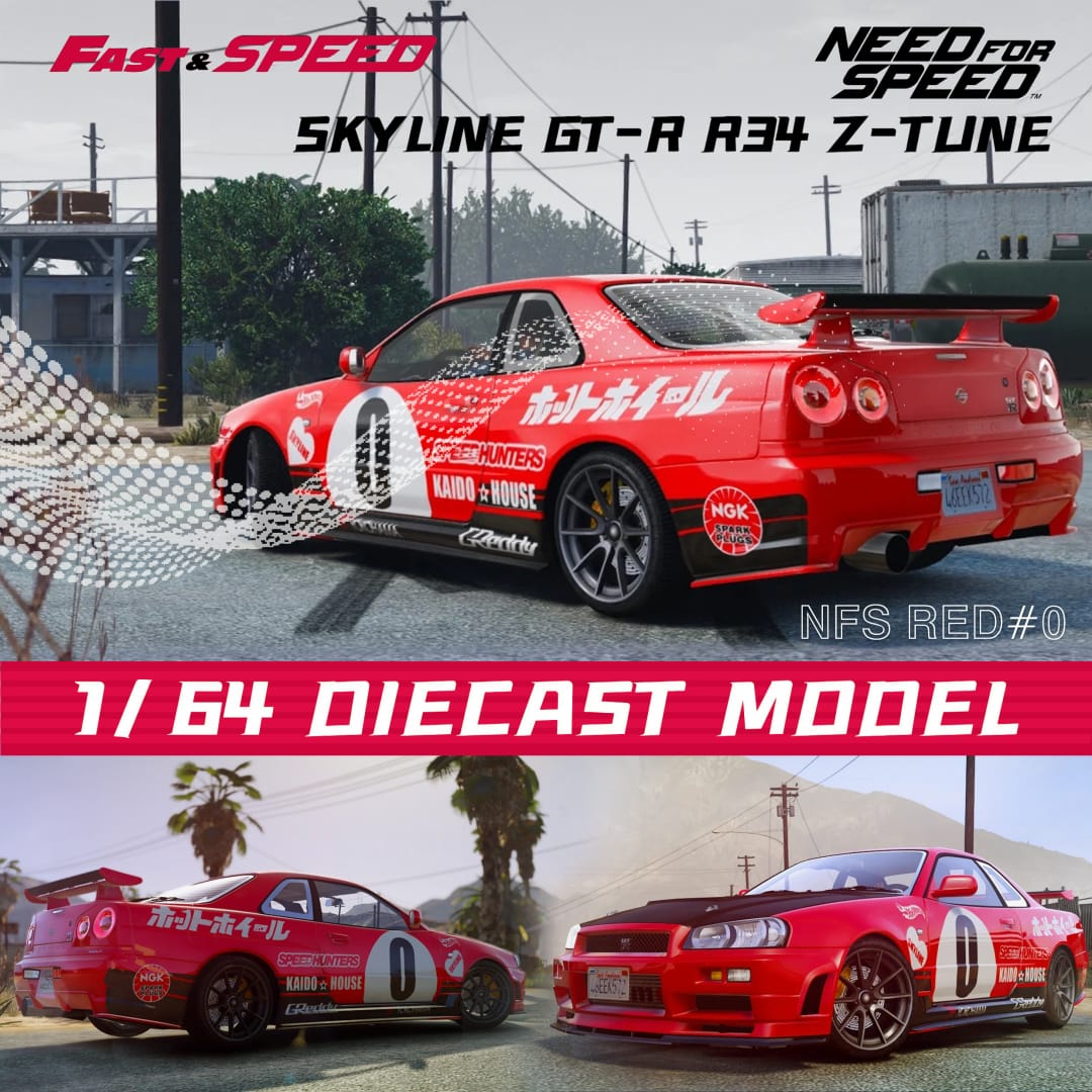 Fast Speed 1/64 Skyline GT-R R34 Z-Tune TE37 Rims & HighWing Edition - NFS Red Zero