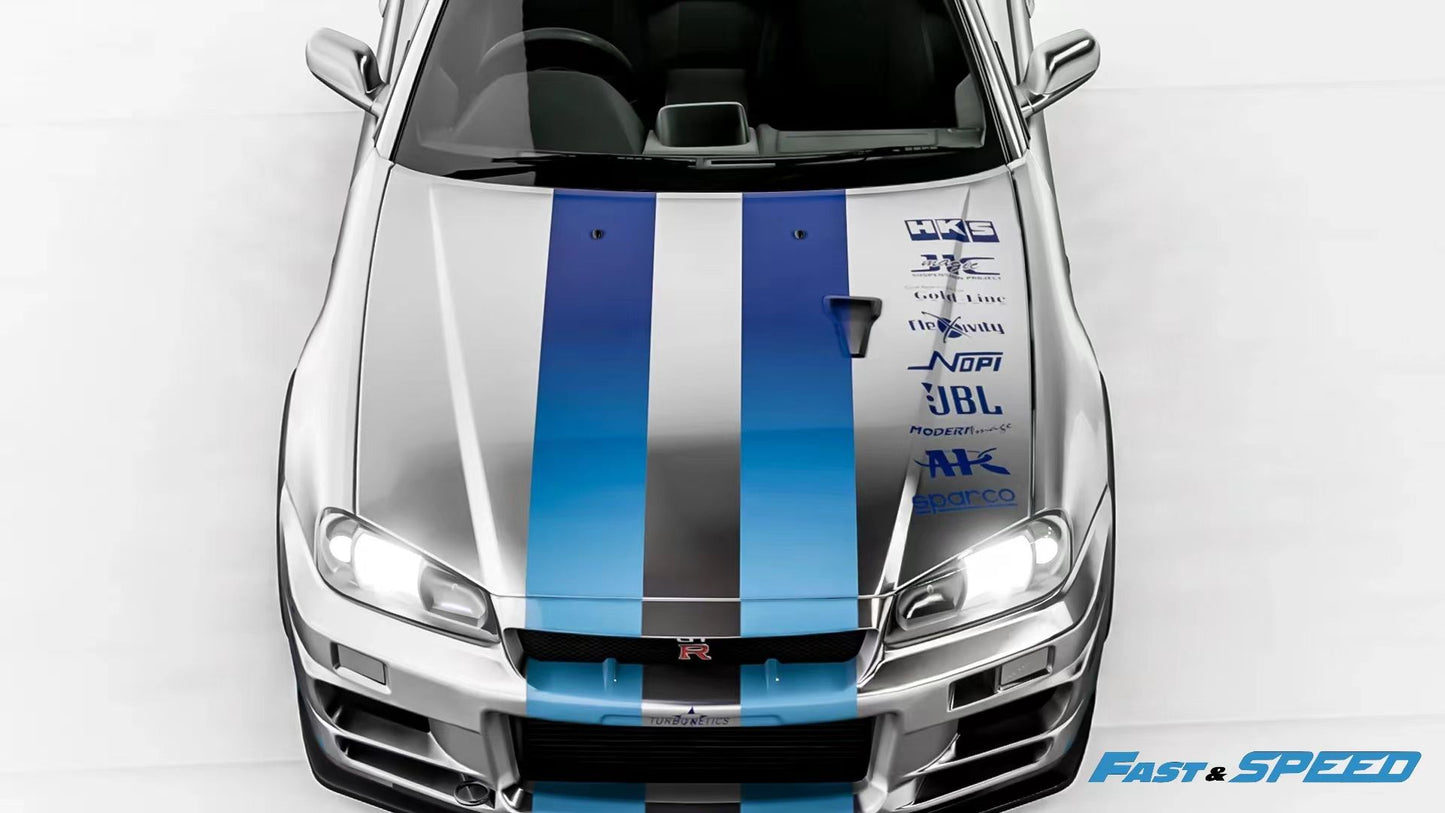 Fast Speed 1/64 Skyline GT-R R34 Z-Tune TE37 Rims & HighWing Edition - FnF Silver Blue