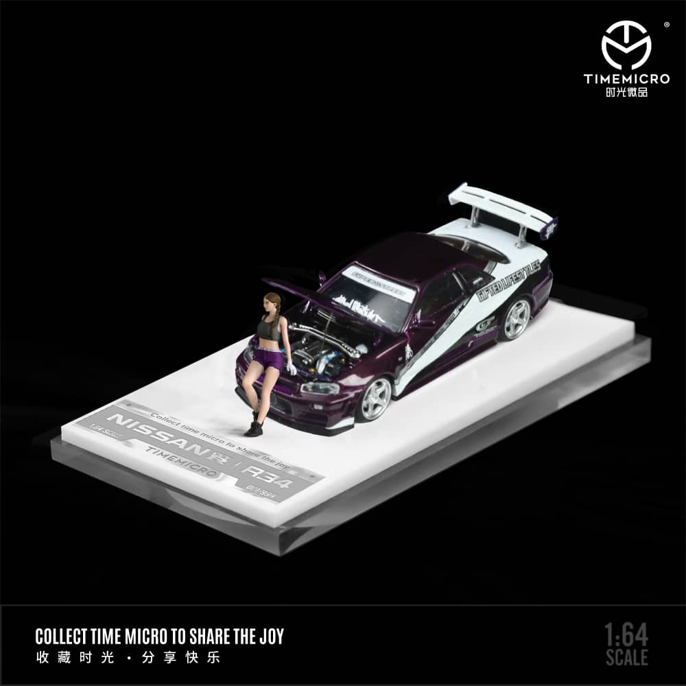 Time Micro 1/64 Skyline GT-R R34 Nismo Z-Tune Suki Pink/ Purple with White Stripe