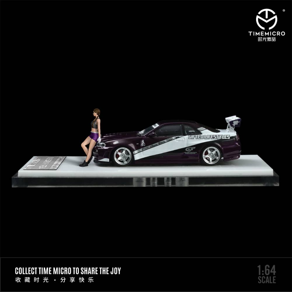 Time Micro 1/64 Skyline GT-R R34 Nismo Z-Tune Suki Pink/ Purple with White Stripe