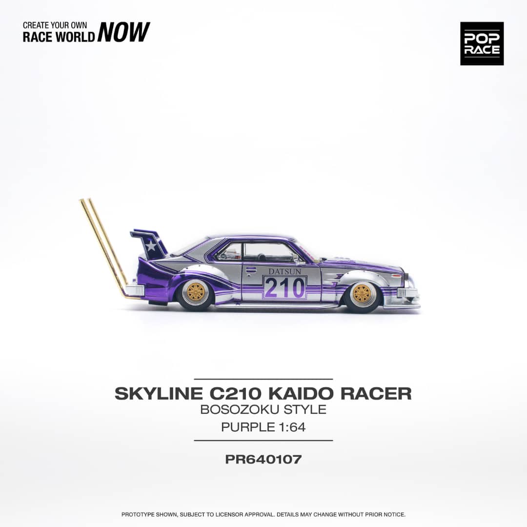 Pop Race 1/64 Skyline C210 Kaido Racer Bosozuko Modified - Chrome Purple Silver