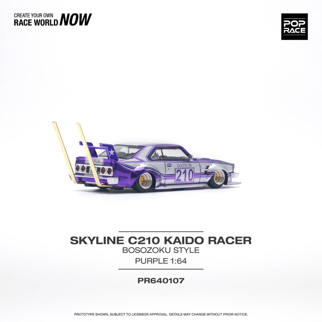 Pop Race 1/64 Skyline C210 Kaido Racer Bosozuko Modified - Chrome Purple Silver