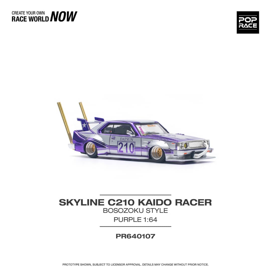Pop Race 1/64 Skyline C210 Kaido Racer Bosozuko Modified - Chrome Purple Silver