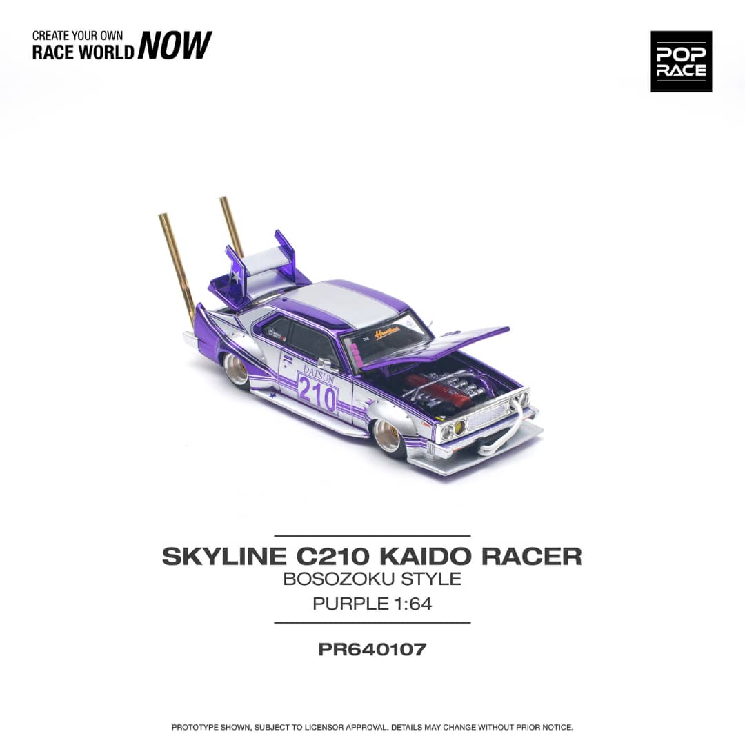 Pop Race 1/64 Skyline C210 Kaido Racer Bosozuko Modified - Chrome Purple Silver