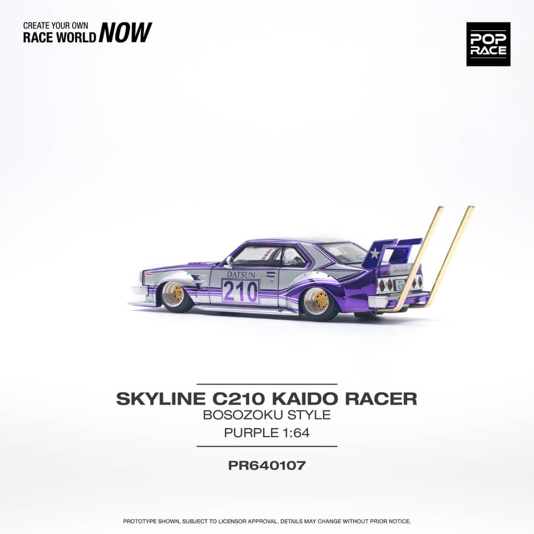 Pop Race 1/64 Skyline C210 Kaido Racer Bosozuko Modified - Chrome Purple Silver