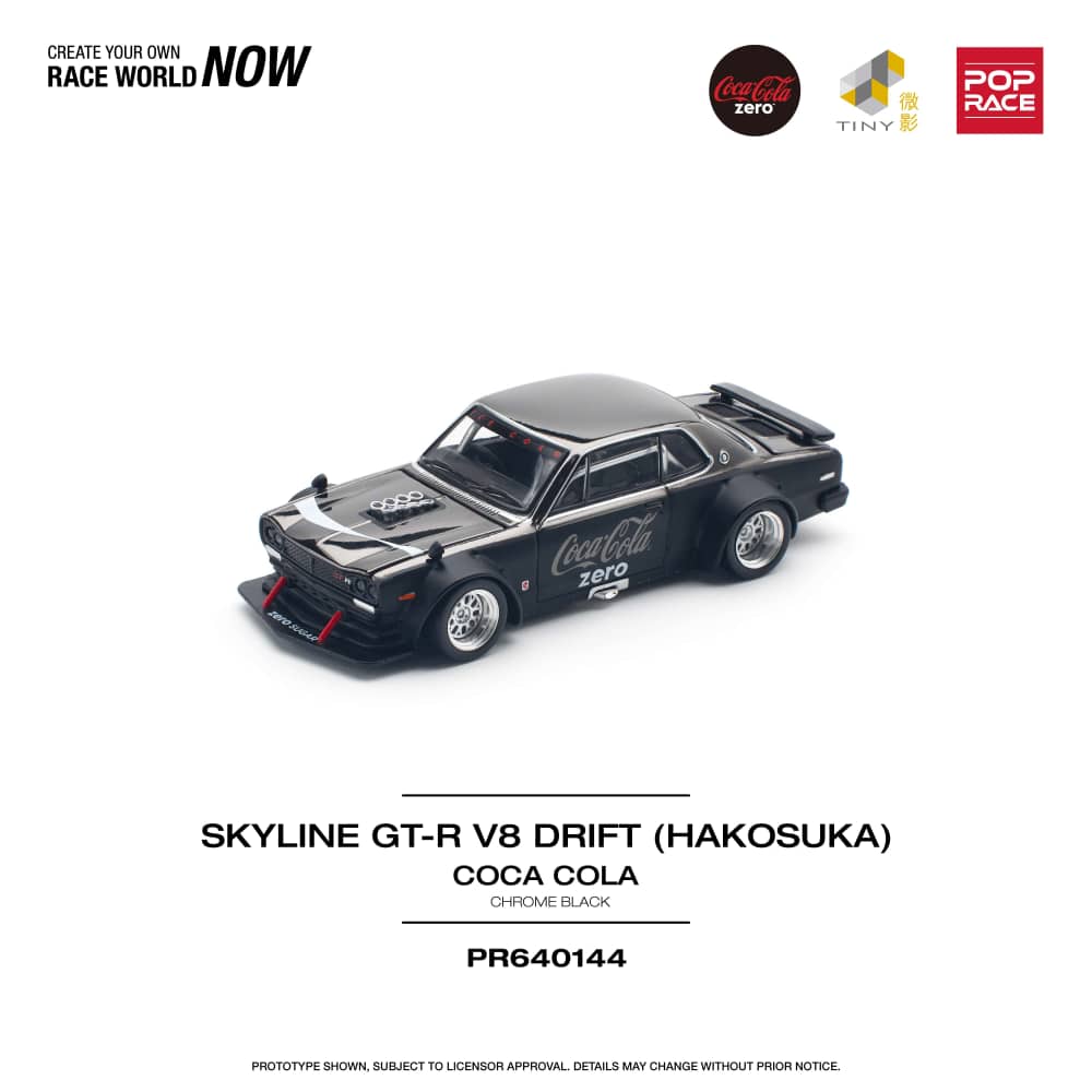 Pop Race 1/64 Skyline GT-R KPGC10 Hakosuka V8 Drift Modified - Chrome Black Coca Cola Zero
