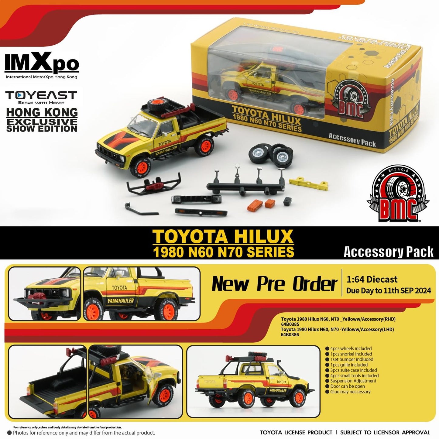BM Creations 1/64 Toyota 1980 Hilux N60, N70 -Yellow w/Accessory (RHD)