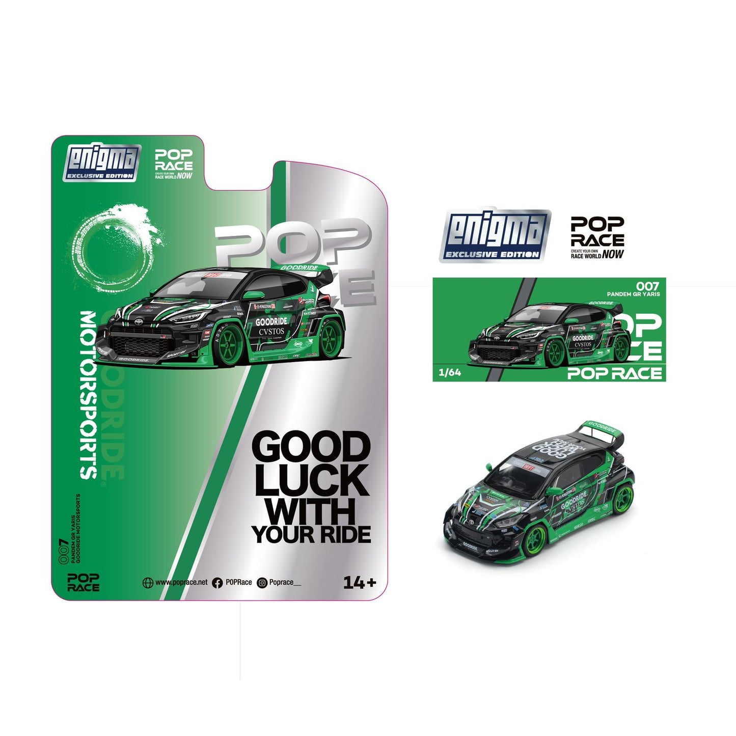Pop Race x Enigma 1/64 GR Yaris Pandem Rocket Bunny Modified Goodride Green-Black Livery