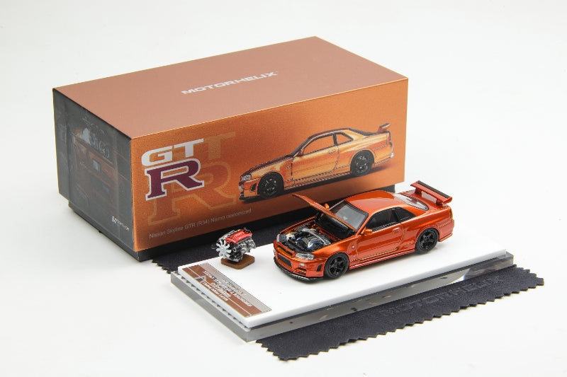 Motorhelix 1/64 Nissan Skyline GT-R, R34 Nismo Z-Tune Sunset Orange