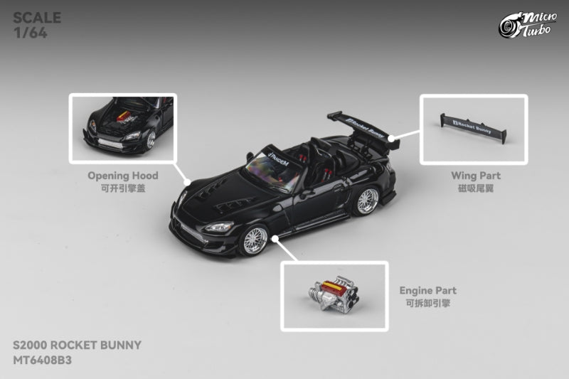 MicroTurbo 1/64 S2000 AP1 Pandem Rocket Bunny Modified - Metallic Black Color
Open-Hood丨Detachable Engine丨Magnetic Spoiler