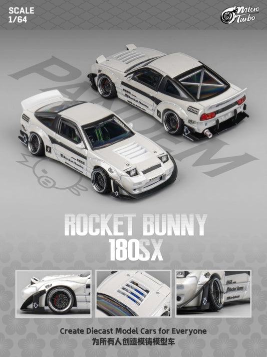 MicroTurbo 1/64 S13 Silvia 180SX Pandem Rocket Bunny Modified - Metallic White Lowride Version (Retractable-Headlight, Visible Engine)