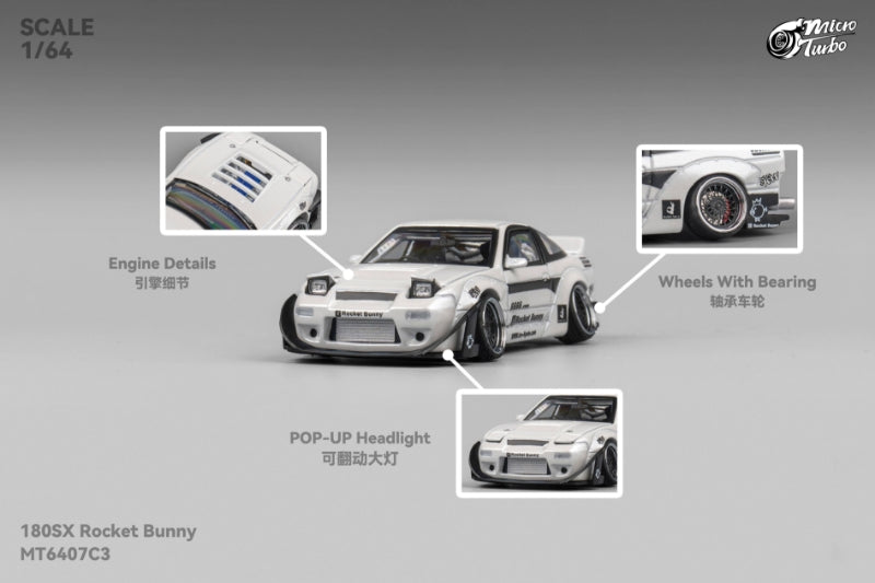 MicroTurbo 1/64 S13 Silvia 180SX Pandem Rocket Bunny Modified - Metallic White Lowride Version (Retractable-Headlight, Visible Engine)