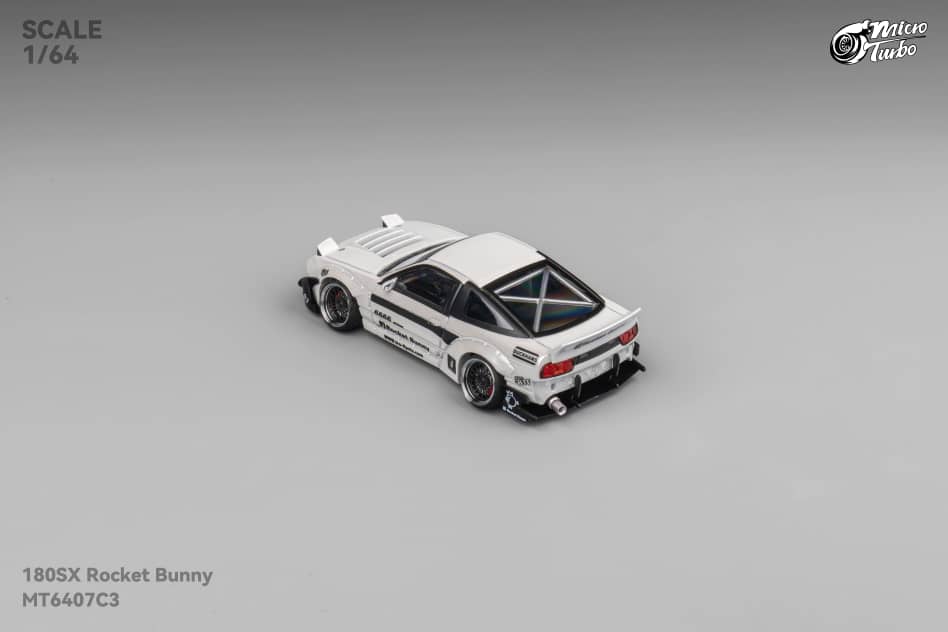 MicroTurbo 1/64 S13 Silvia 180SX Pandem Rocket Bunny Modified - Metallic White Lowride Version (Retractable-Headlight, Visible Engine)