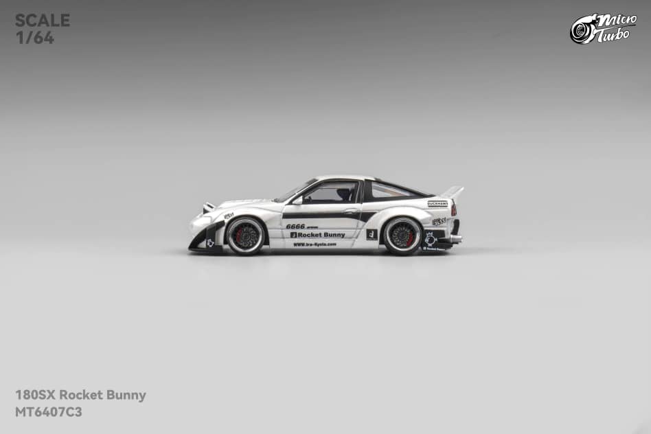 MicroTurbo 1/64 S13 Silvia 180SX Pandem Rocket Bunny Modified - Metallic White Lowride Version (Retractable-Headlight, Visible Engine)