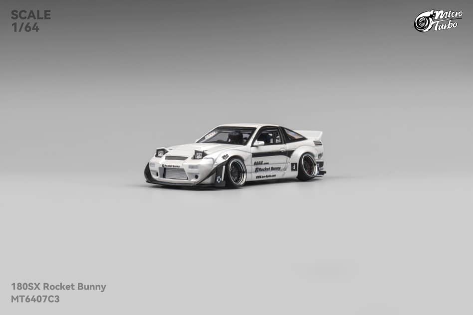 MicroTurbo 1/64 S13 Silvia 180SX Pandem Rocket Bunny Modified - Metallic White Lowride Version (Retractable-Headlight, Visible Engine)