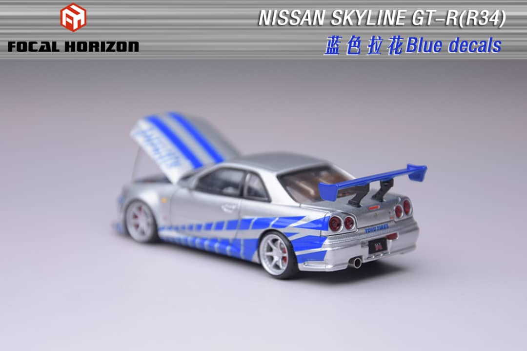 Focal Horizon 1/64 Skyline GT-R R34 Fast & Furious C-West Customized - FNF Silver-Blue Livery