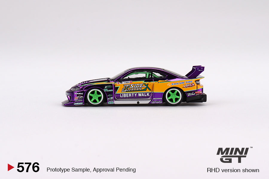 Mini GT 1/64 Nissan S15 SILVIA LB-Super Silhouette #555 2022 Formula Drift Japan – Chrome Purple ***in clamshell blisters***