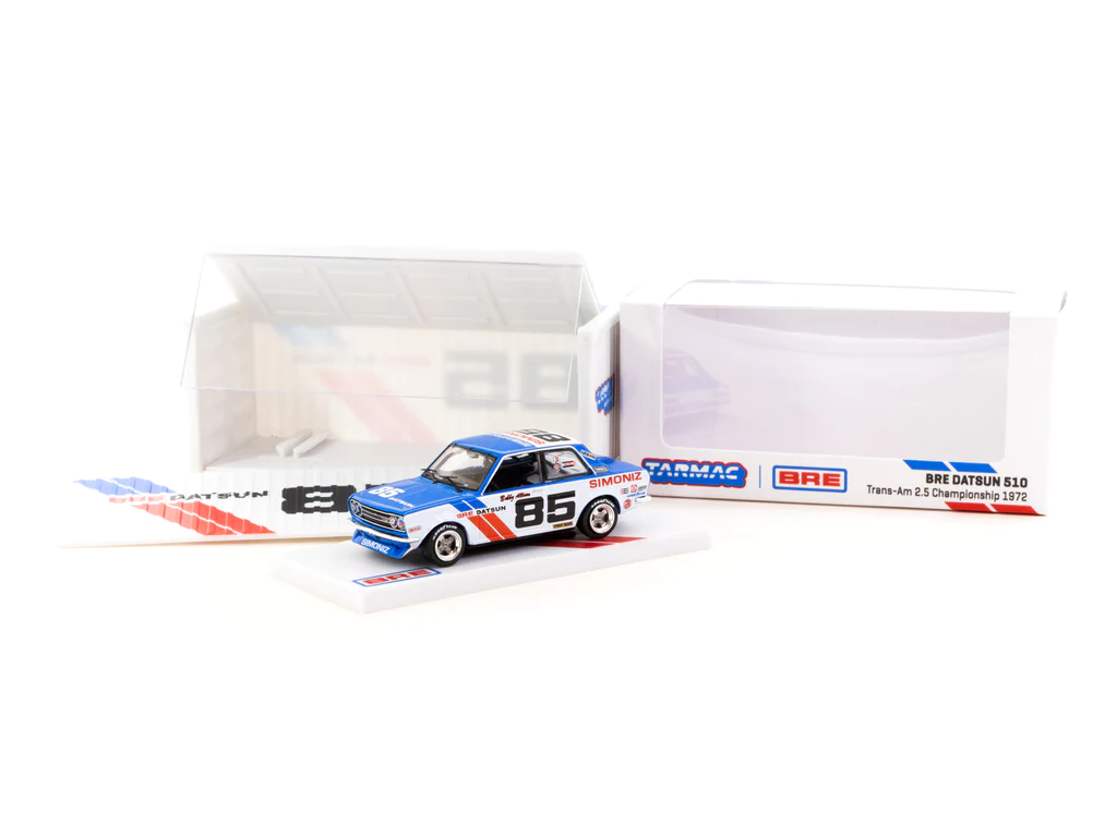 Tarmac Works 1/64 BRE Datsun 510 Trans-Am 2.5 Championship 1972 #85 With Container