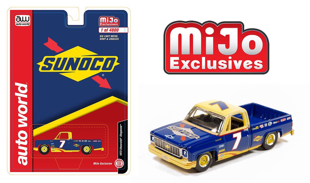 Auto World 1:64 MiJo Exclusives Chevy 1973 Cheyenne Fleetside Sunoco Racing LTD 4,800