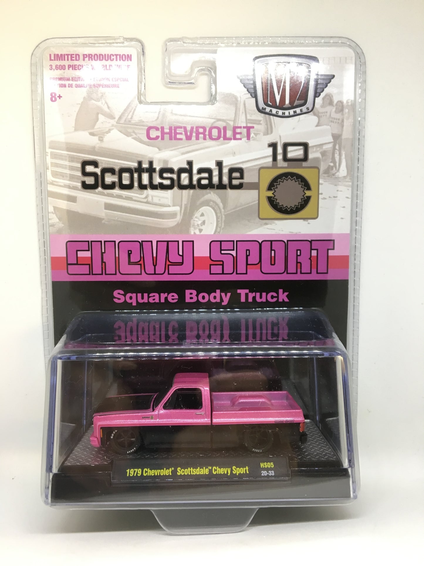 M2 Machines 1:64 Hobby Exclusive 1979 Chevrolet Scottsdale Sport (Black and Pink Pearl two-tone)