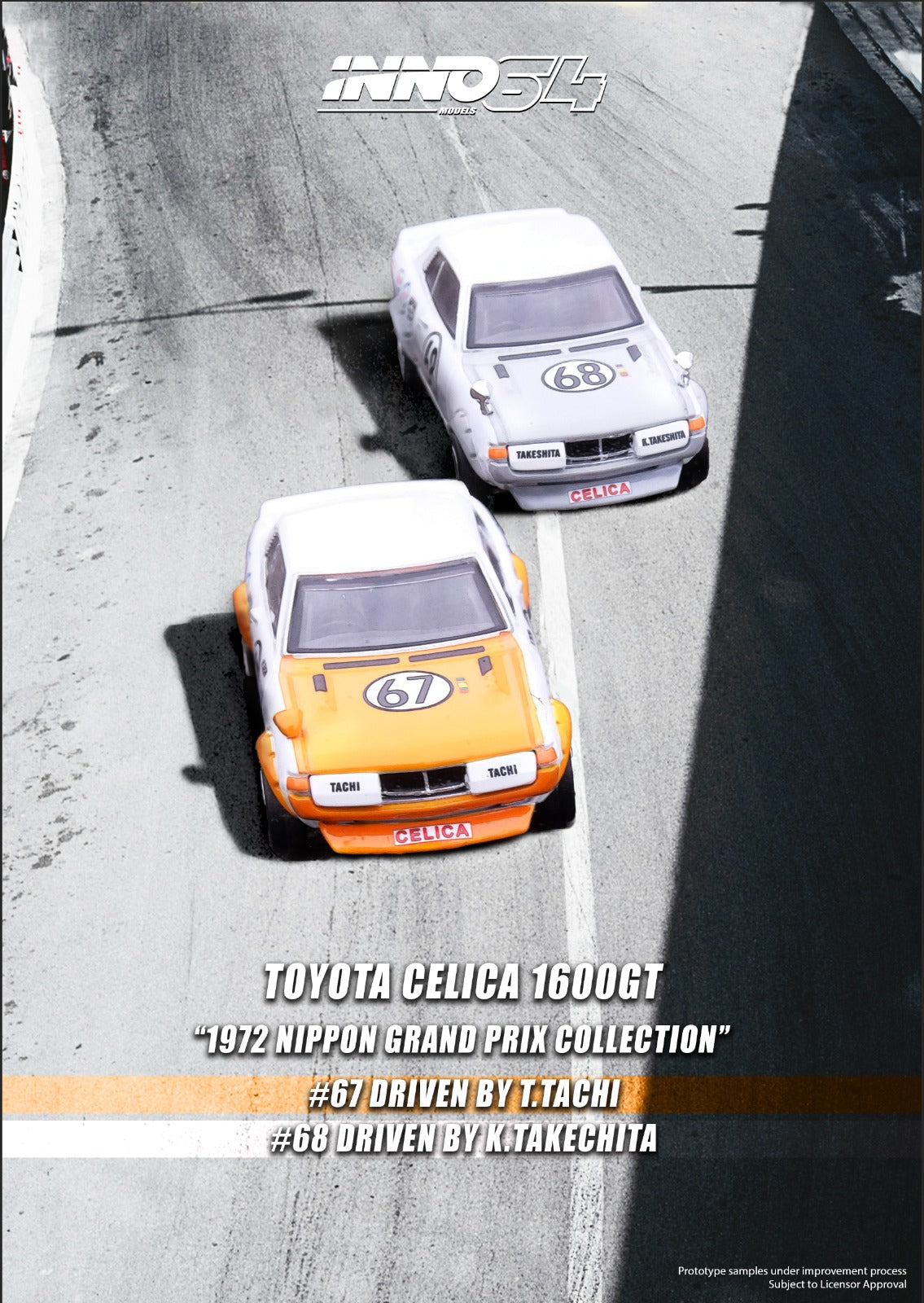 Inno64 1/64 TOYOTA CELICA 1600GT (TA22) #67 & #68 Nippon Grand Prix 1972 Box Set Collection (2 Cars And Special Hard Box included)