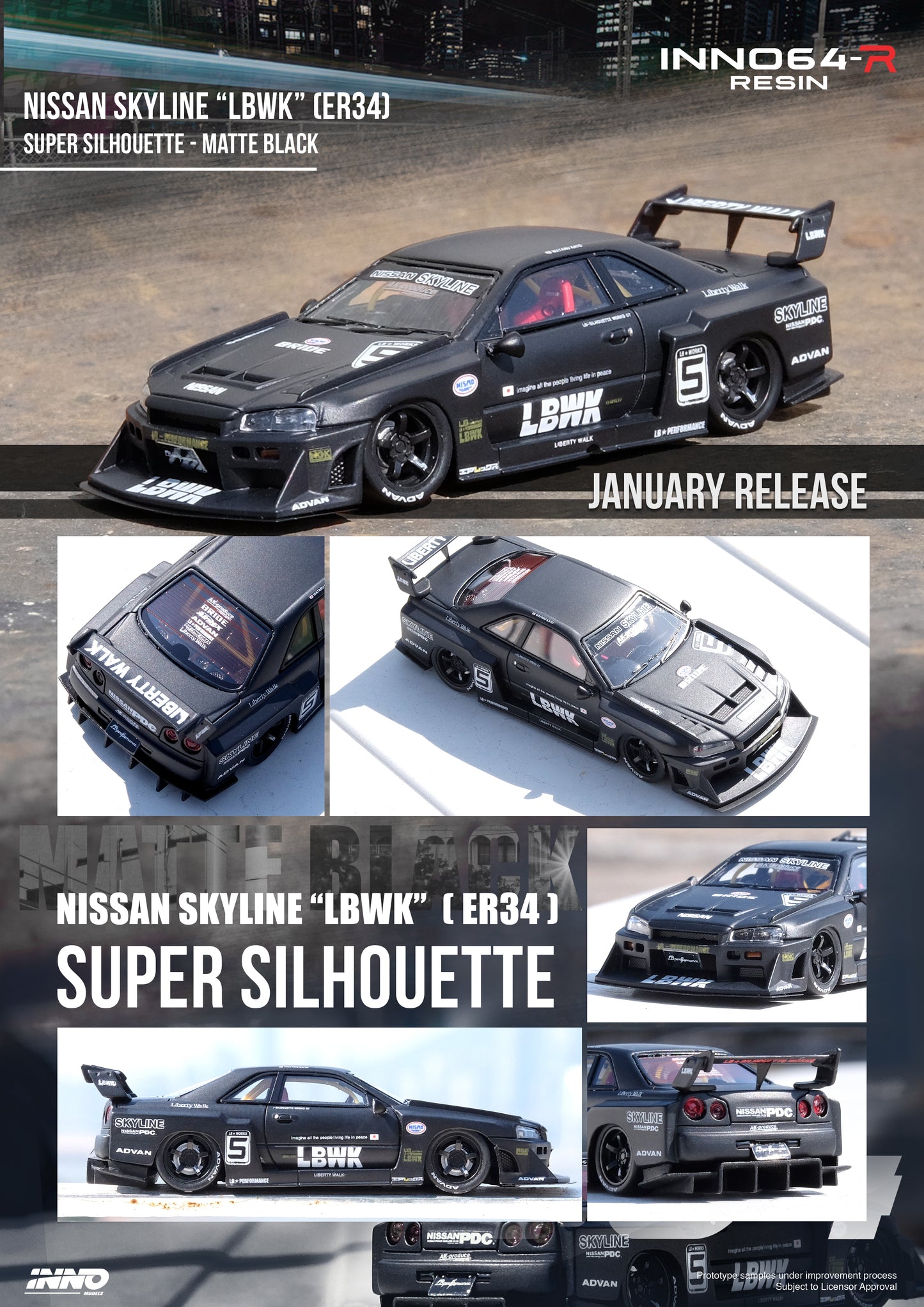 Inno64 1/64 NISSAN SKYLINE "LBWK" (ER34) SUPER SILHOUETTE Black Matte