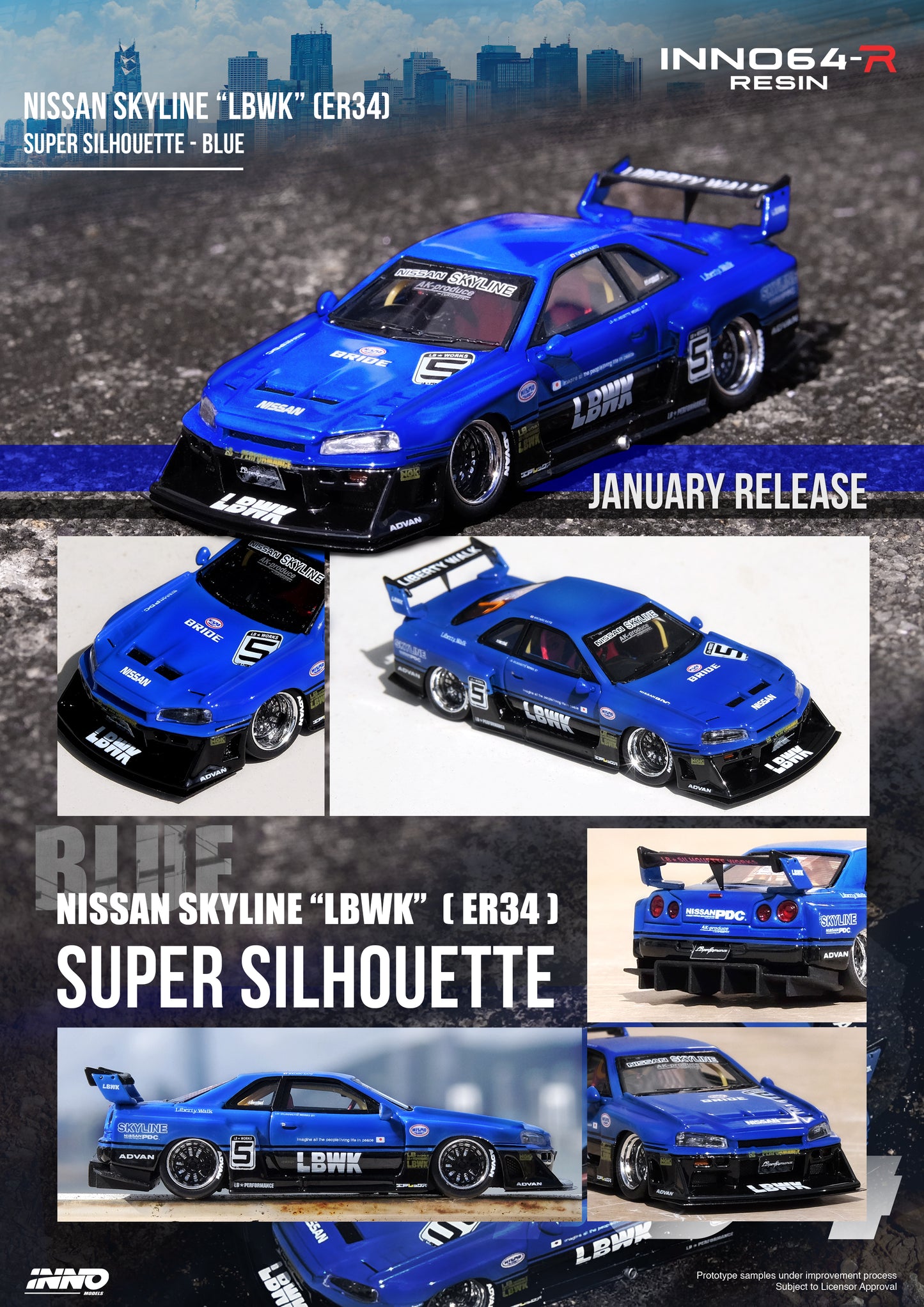 Inno64 1/64 NISSAN SKYLINE "LBWK" (ER34) SUPER SILHOUETTE Blue Metallic