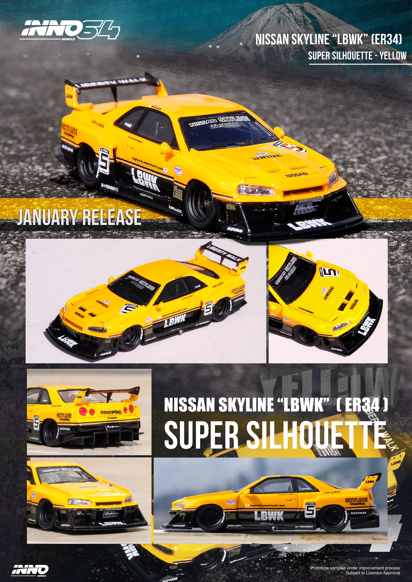 Inno64 1/64 NISSAN SKYLINE "LBWK" (ER34) SUPER SILHOUETTE Yellow