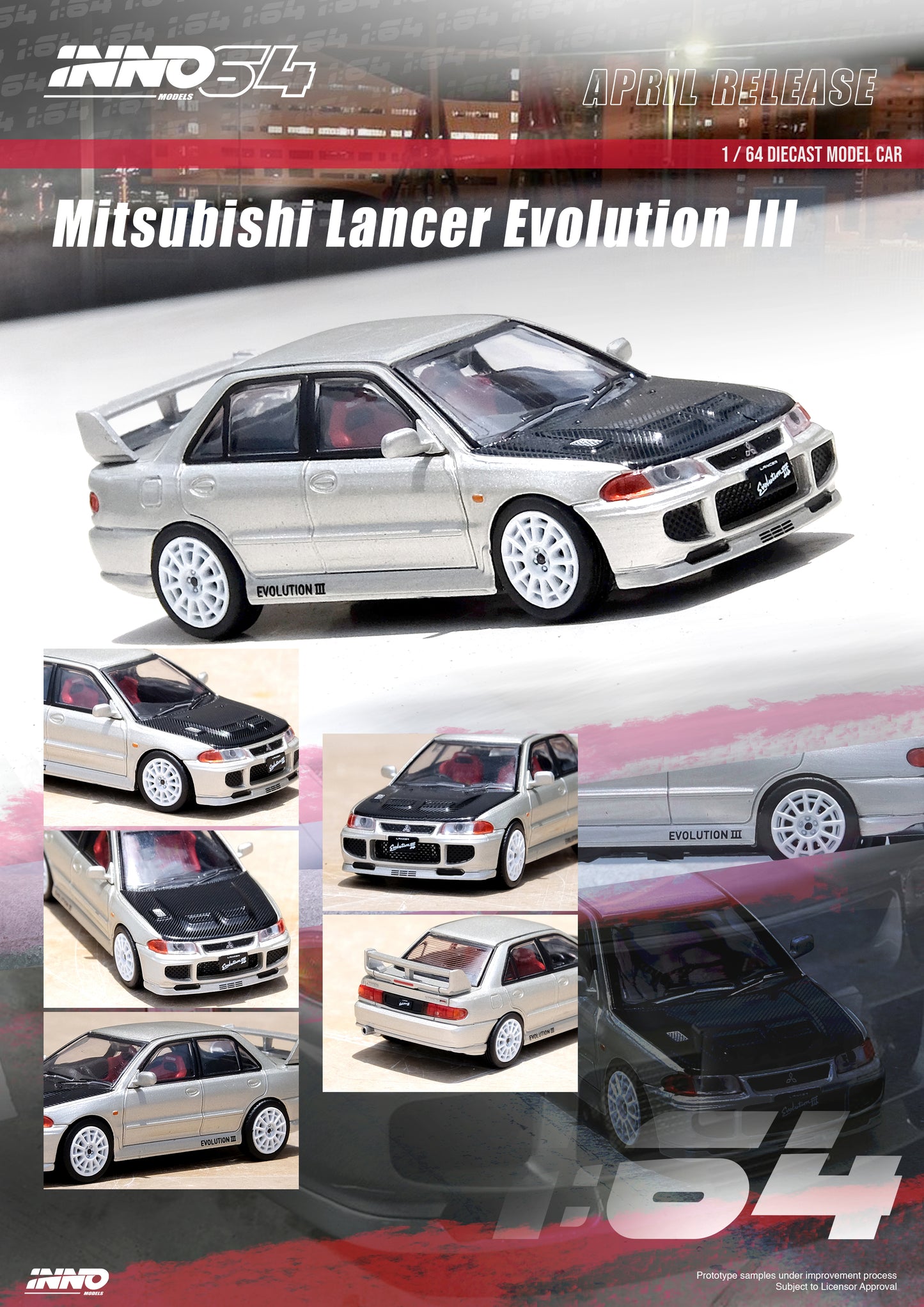 Inno64 1/64 MITSUBISHI LANCER EVOLUTION III Silver with Carbon Bonnet