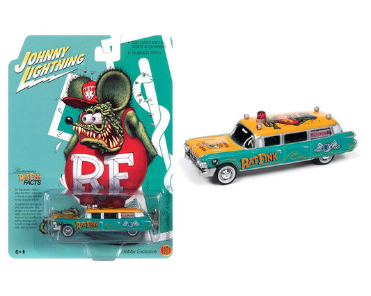 Johnny Lightning 1:64 1959 Cadillac Hearse Ambulance Rat Fink Special Edition Green/Yellow