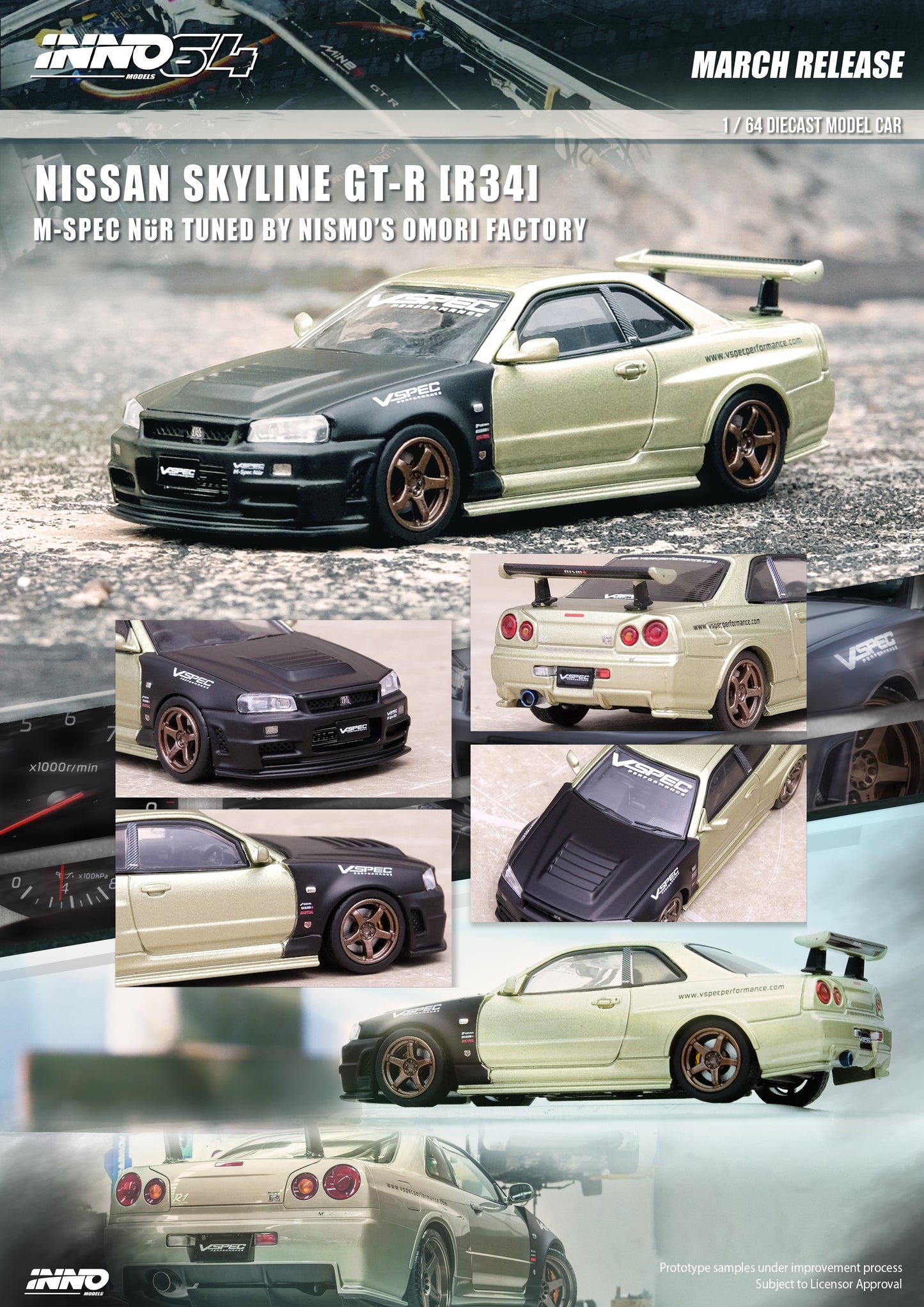 Inno64 1/64 NISSAN SKYLINE GT-R (R34) M-SPEC NUR Tuned by NISMO OMORI FACTORY