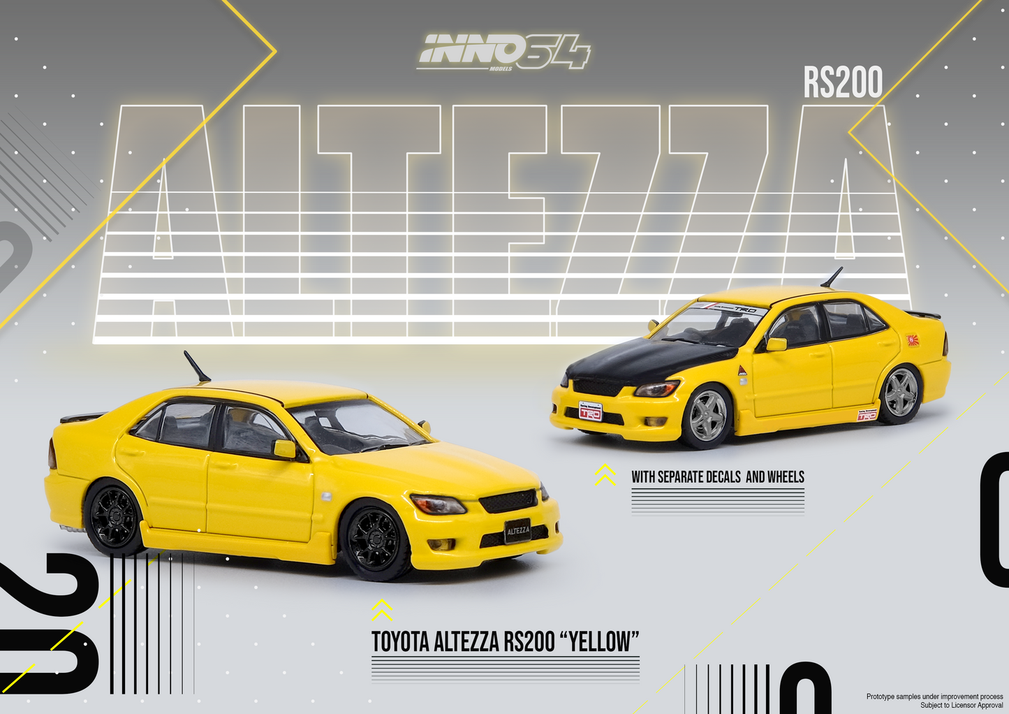 INNO64 1:64 TOYOTA ALTEZZA RS200 YELLOW WITH EXTRA WHEELS AND DECALS