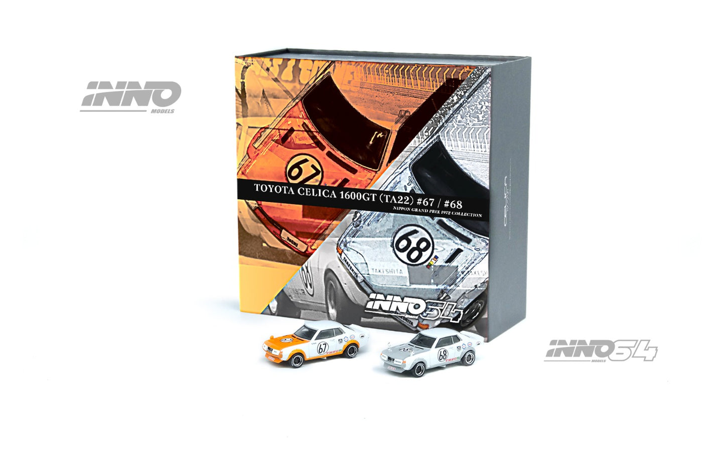 Inno64 1/64 TOYOTA CELICA 1600GT (TA22) #67 & #68 Nippon Grand Prix 1972 Box Set Collection (2 Cars And Special Hard Box included)