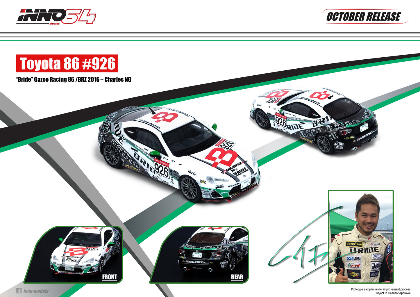 Inno64 1:64 TOYOTA 86 #926 "BRIDE" GAZOO RACING 86/BRZ 2016 CHARLES NG