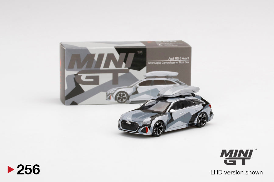Mini GT 1:64 China Exclusive Audi RS 6 Avant Silver Digital Camouflage w/ Roof Box (box packaging)