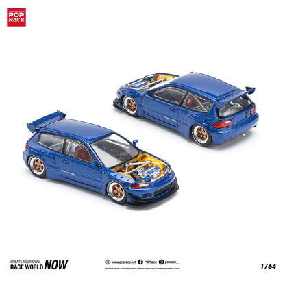 Pop Race 1/64 Pandem Civic EG6 Rocket Bunny Modified - Metallic Blue
(Open and Visible Engine)