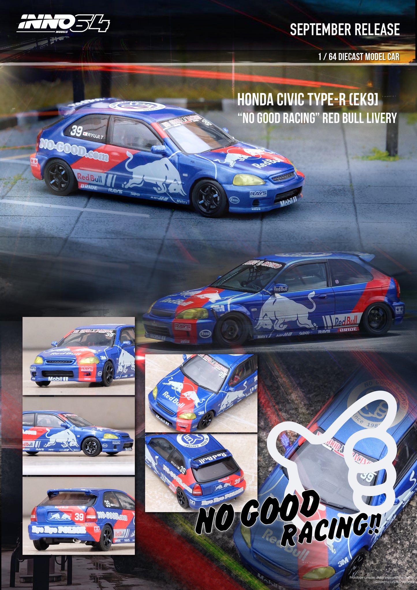 Inno64 1/64 HONDA CIVIC Type-R (EK9) "NO GOOD RACING" Red Bull Livery