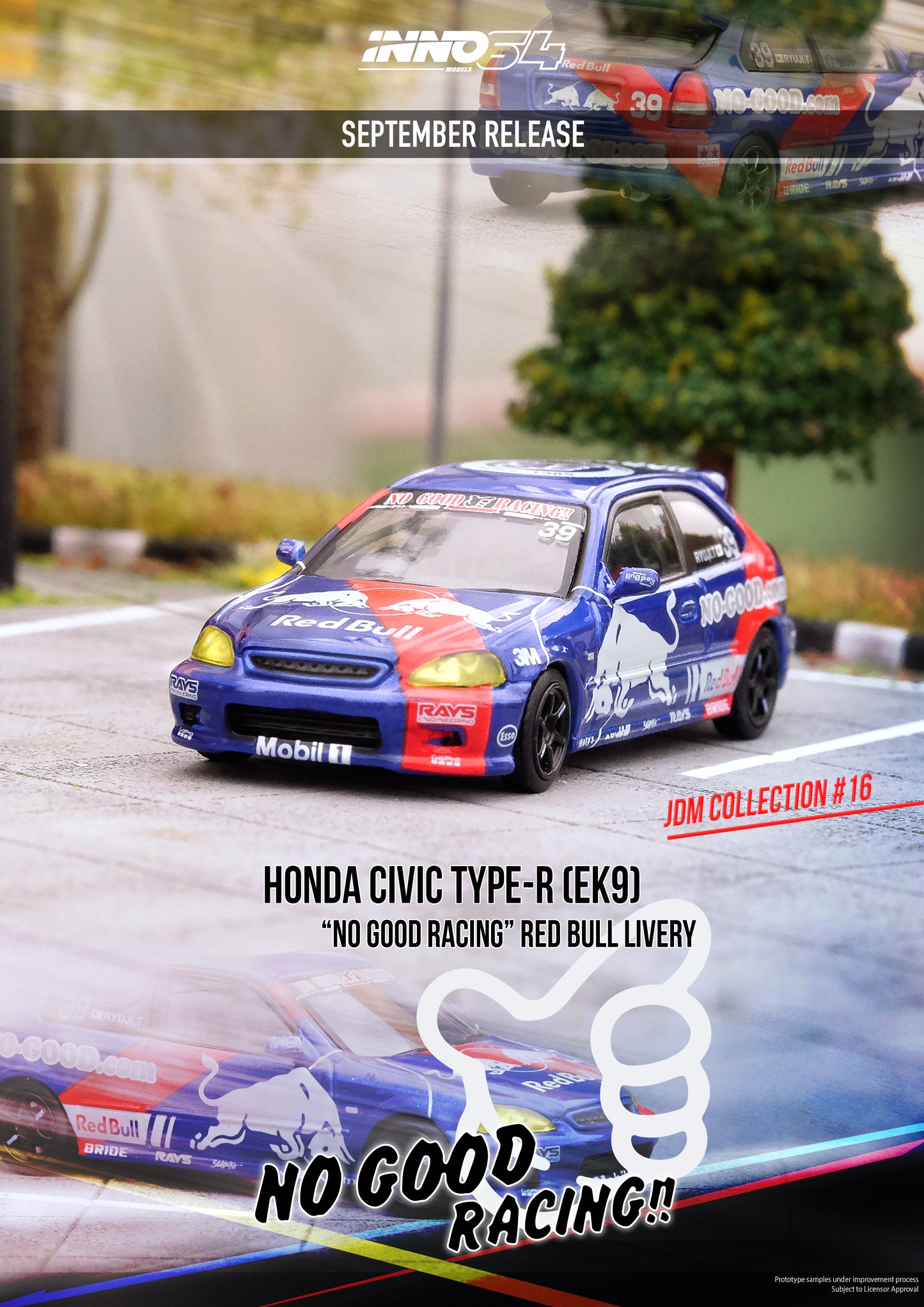 [ETA:  Oct 2023 ] Inno64 1/64 HONDA CIVIC Type-R (EK9) "NO GOOD RACING" Red Bull Livery