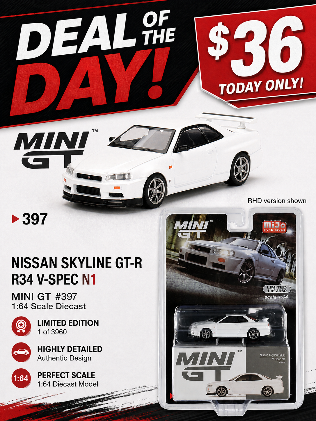 Mini GT 1/64 Nissan Skyline GT-R (R34) V-Spec N1 White ***in clamshell blisters***