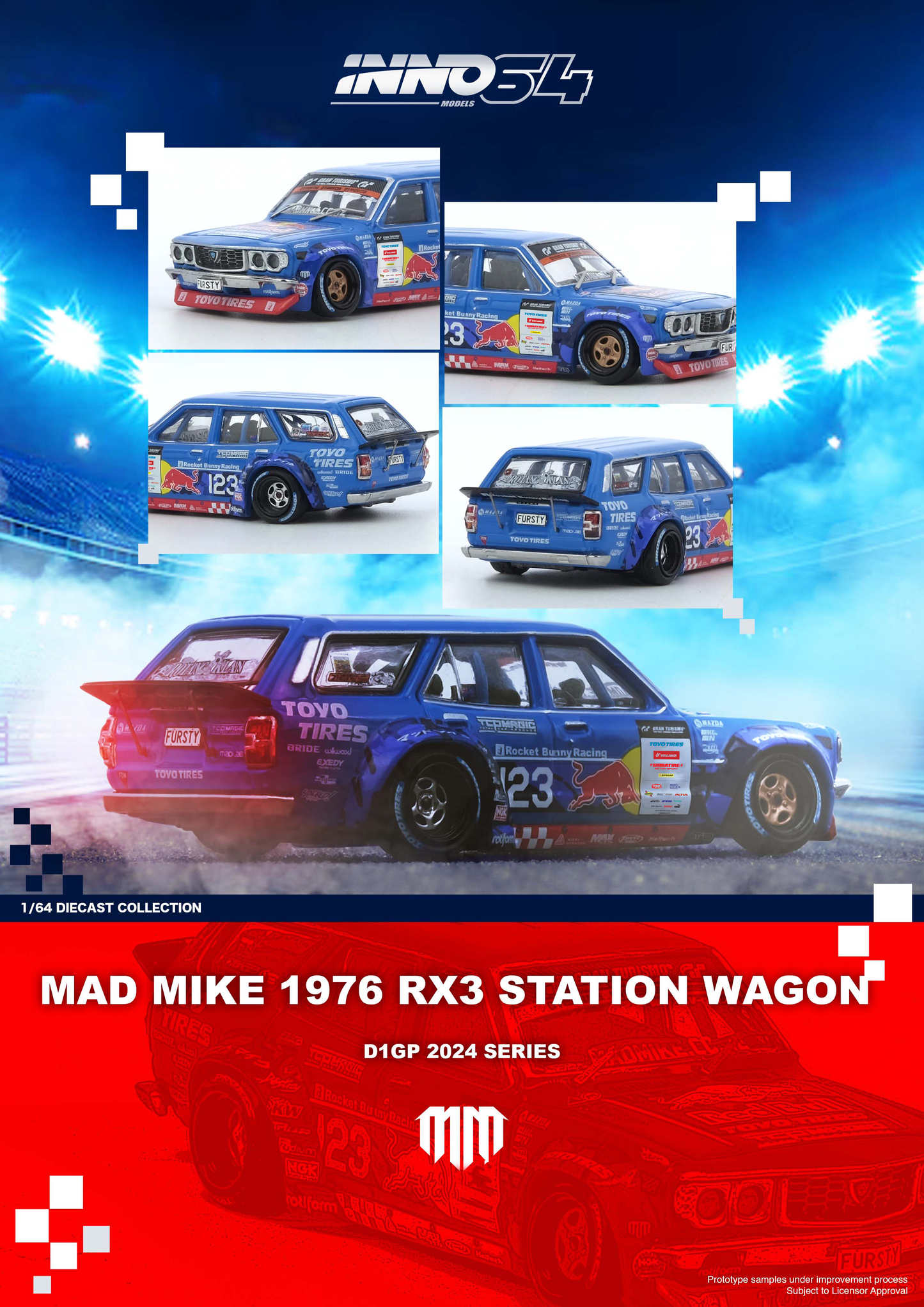 [ETA:  Jun 2025 ] Inno64 1/64 MAD MIKE 1976 MAZDA RX3 Station Wagon 
D1GP Series 2024