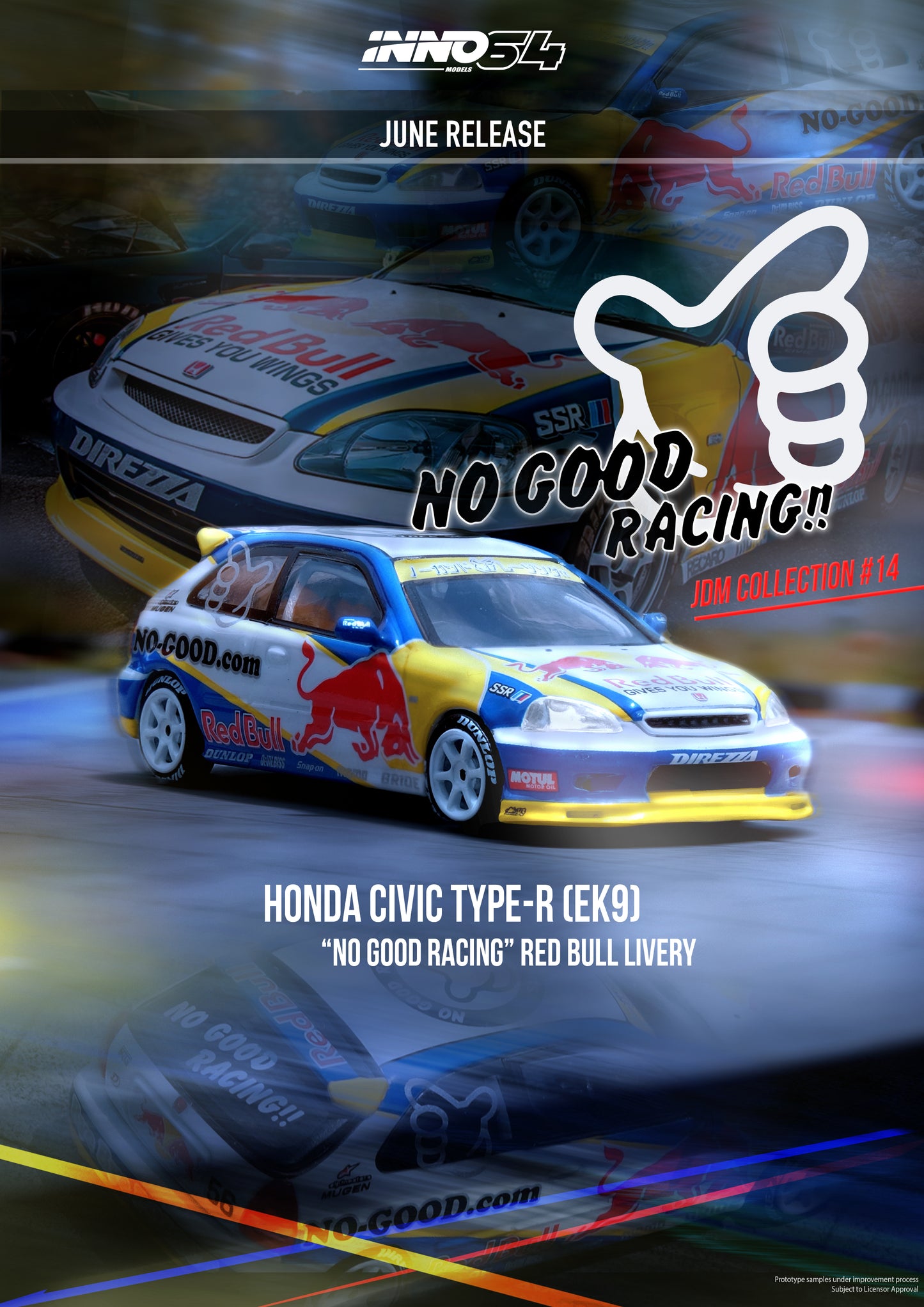 Inno64 1/64 HONDA CIVIC Type-R (EK9) "NO GOOD RACING" Red Bull Livery