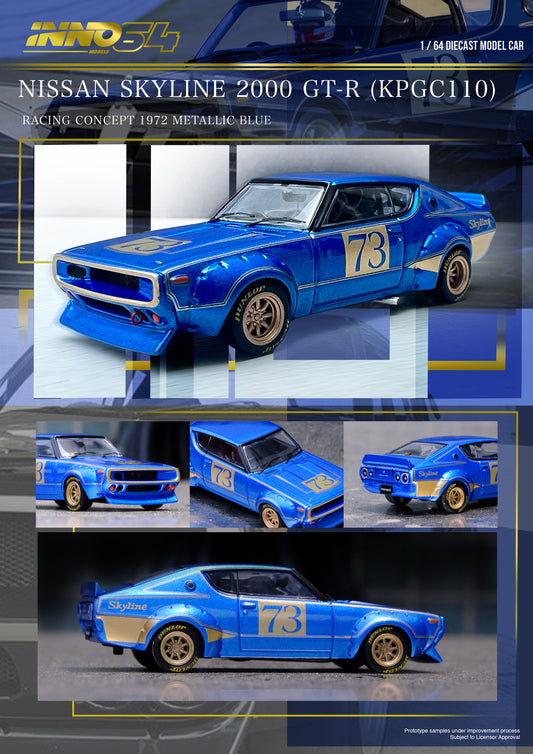 [ETA:  Aug 2024 ] Inno64 1/64 NISSAN SKYLINE 2000 GT-R (KPGC110) Racing Concept Blue