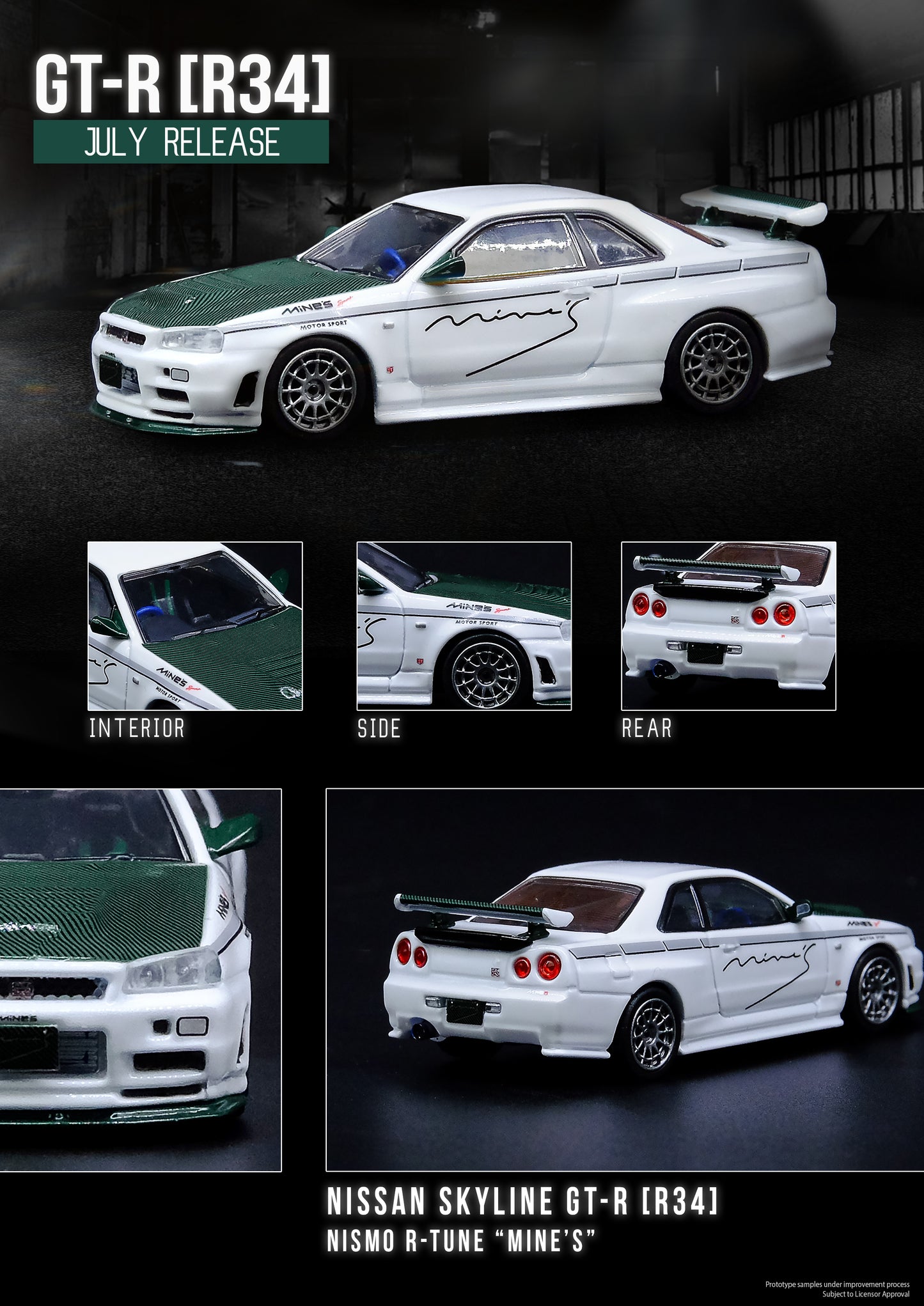 Inno64 1/64 NISSAN SKYLINE GT-R (R34) NISMO R-TUNE "MINES" With Green Carbon Hood