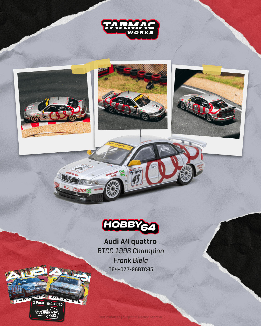 [ETA:  Mar 2027 ] Tarmac Works 1/64 Audi A4 quattro BTCC 1996 Champion - Frank Biela *** Model Car + Trading Cards Combo Set***