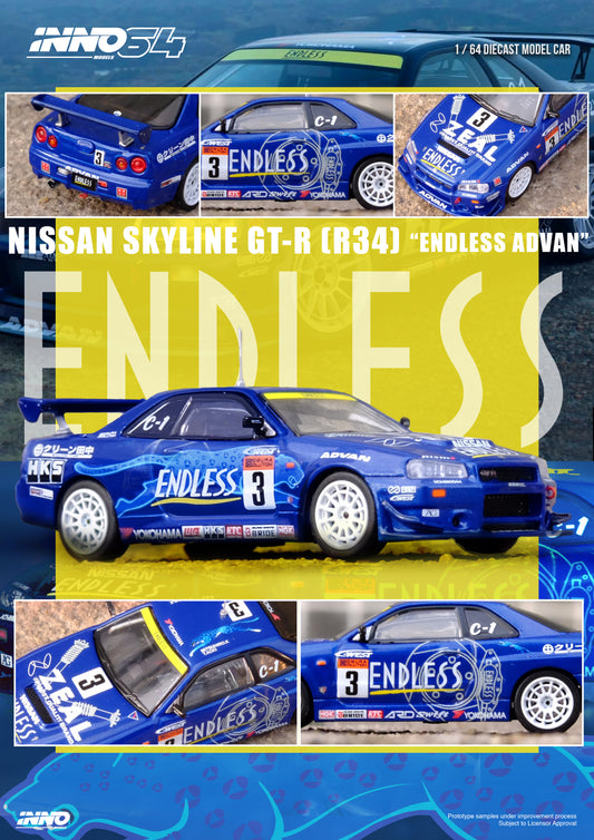 [ETA:  Mar 2025 ] Inno64 1/64 NISSAN SKYLINE GT-R (R34) #3 "ENDLESS ADVAN" 
Super Taikyu Series 2002 Winner