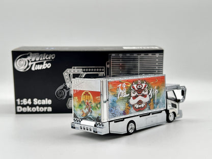 Microturbo 1:64 Chrome Silver Dekotora - Gull Wing Truck with Lion Decals(ABS Container)