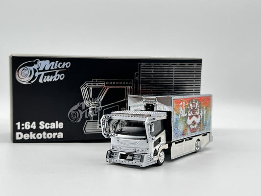 Microturbo 1:64 Chrome Silver Dekotora - Gull Wing Truck with Lion Decals(ABS Container)